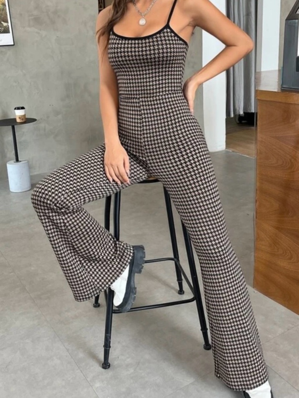 SHEIN Brown & Black Houndstooth Spaghetti-Strap Jumpsuit